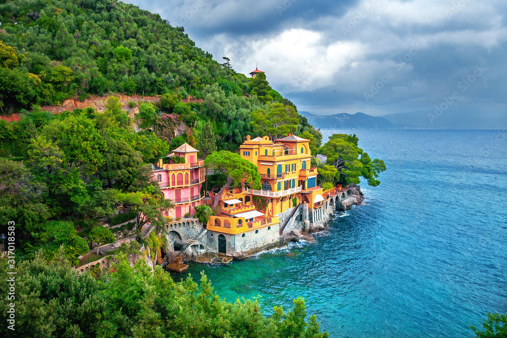 Landscape with colorful seaside villas near Portofino. Liguria, Italy
