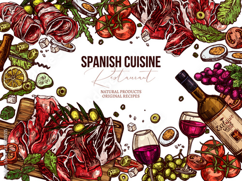 Vector sketch top view spanish cuisine background. Colorful hand drawn illustration with meat, wine, jamon, vegetables, salads olive