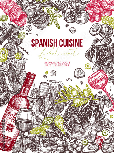 Sketch hand drawn vector illustration of food. Spanish cuisine background with meat, pork, jamon, tomatos cherry, olive, salad and wine