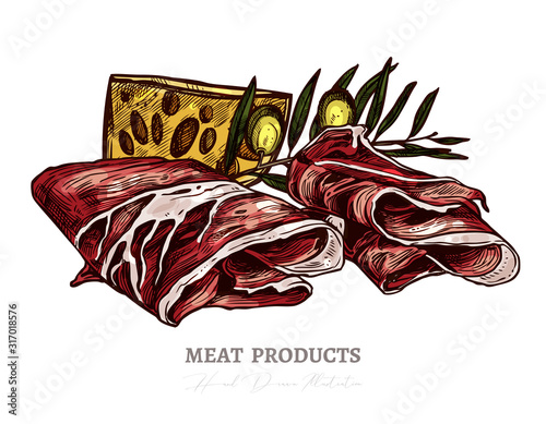 Sketch of tasty slices of meat, smoked pork or spanish jamon with olive and cheese. Vector colorful hand drawn illustration of finger food