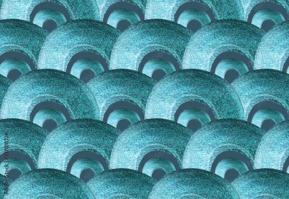 Obraz premium Mermaid fish scale wave japanese luxury seamless pattern. Watercolor hand drawn dark teal turquoise background with gold line. Watercolour scale shaped texture.