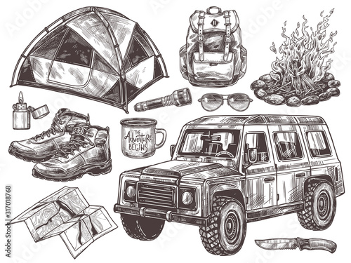 Vector hand drawn set of touristic accessories and equipment for outdoor adventure and camping. Sketch collection of illustrations tent, bonfire, boots, backpack, cups, sunglasses and off-road car