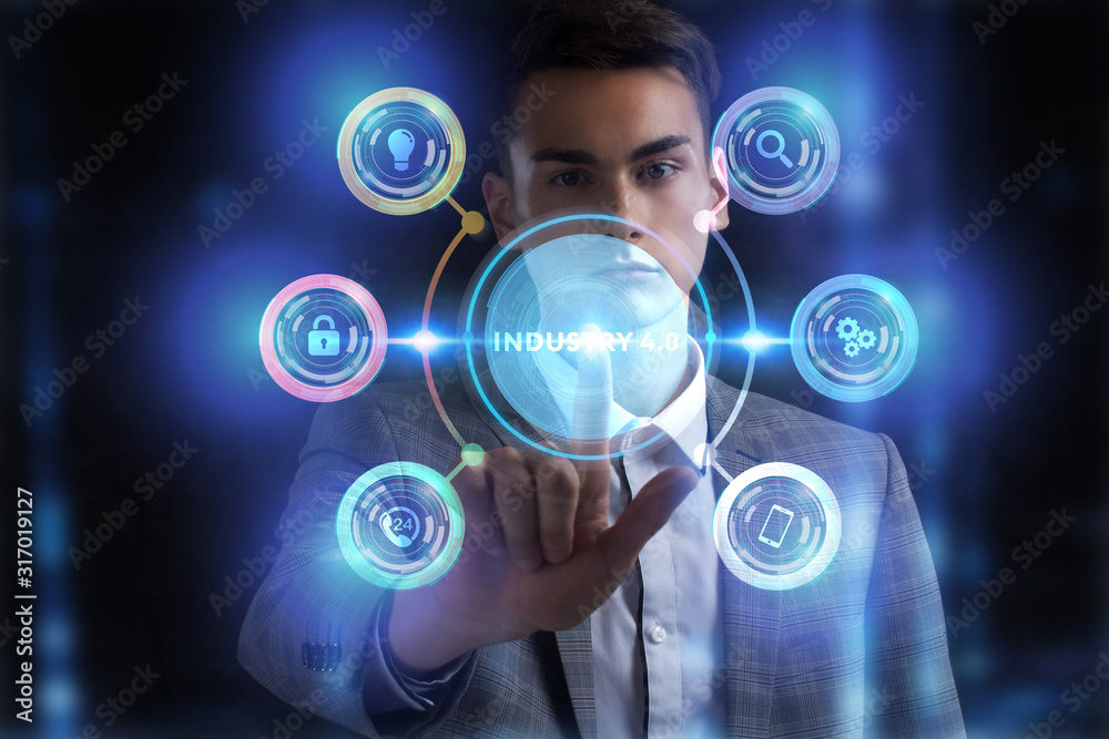 Fototapeta premium Business, Technology, Internet and network concept. Young businessman working on a virtual screen of the future and sees the inscription: