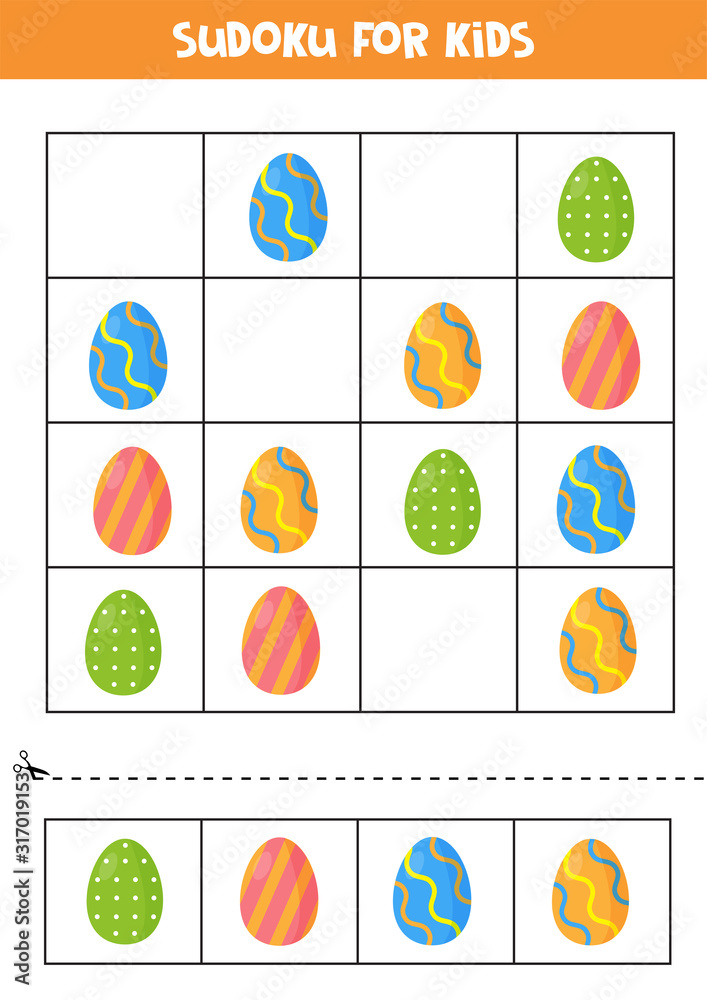 Sudoku for kids with Easter eggs. Logic puzzle for kids.