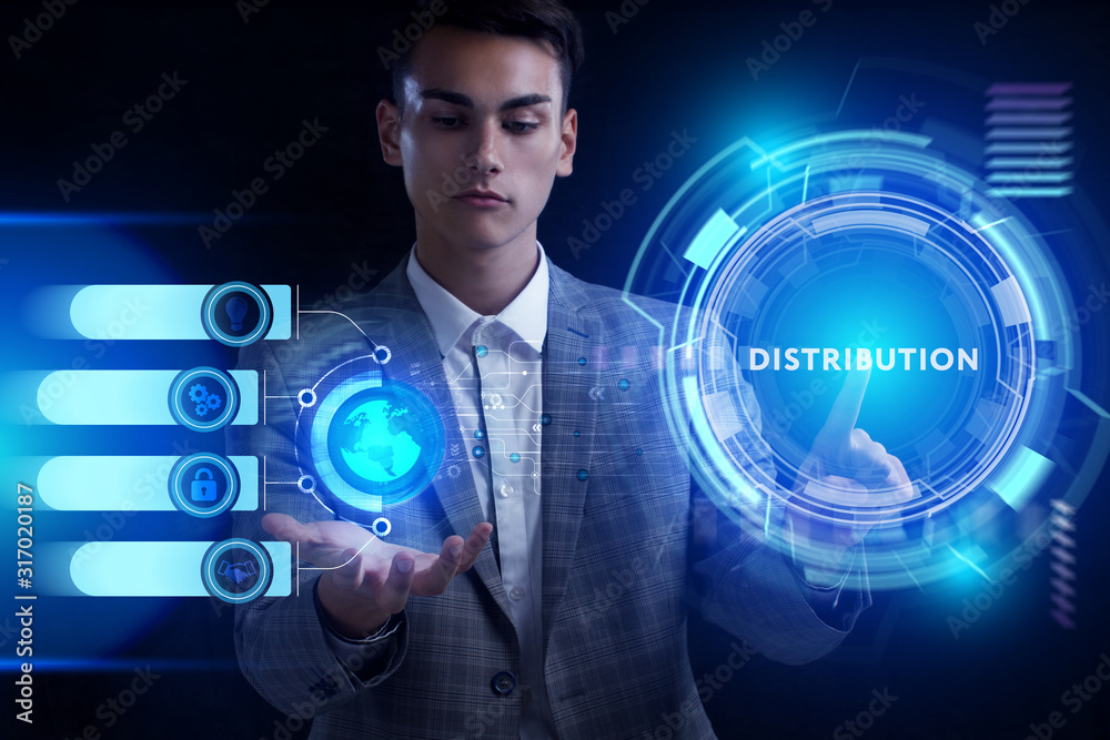 Business, Technology, Internet and network concept. Young businessman working on a virtual screen of the future and sees the inscription: Business, Technology, Internet and network concept. Young businessman working on a virtual screen of the future and sees the inscription: