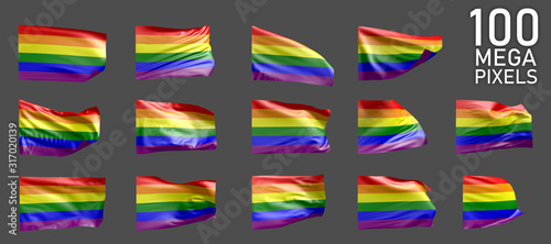 Gay Pride flag isolated - different realistic renders of the waving flag on grey background - object 3D illustration
