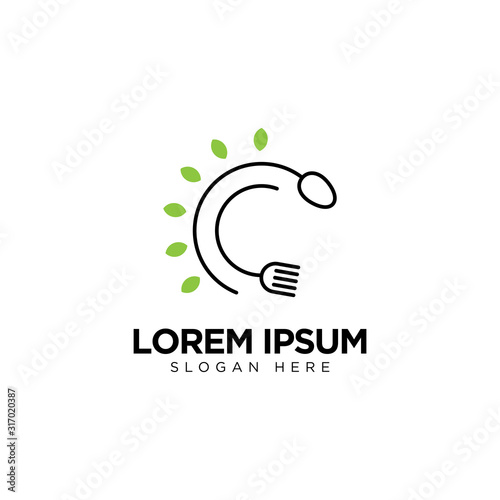 Healthy Food Logo with Spoon, Fork and Leaf, Restaurant Logo Design Template