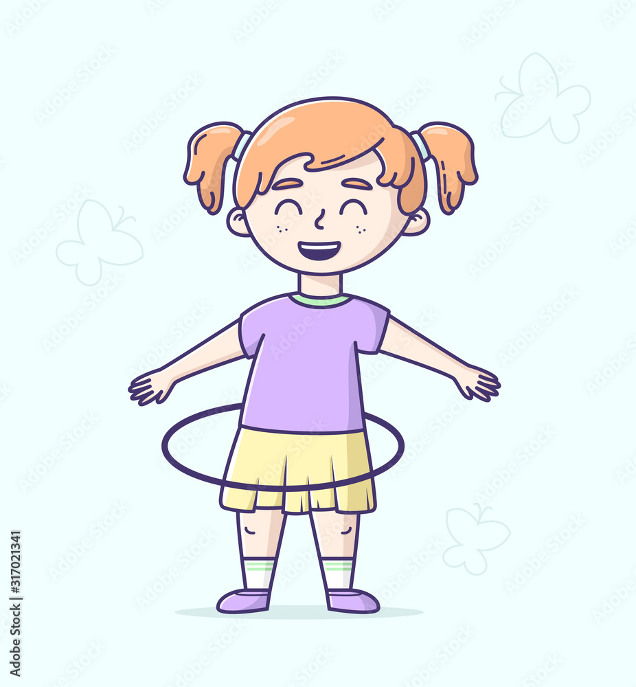 Illustration of a happy girl playing hula Hoop. Vector illustration in modern flat style. Illustration of a happy girl playing hula Hoop. Vector illustration in modern flat style.