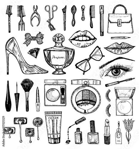 Makeup Tools Set. Doodle A collection of female tools and elements for a beauty salon. Hand drawn vintage engraved sketch outline. Eye, Lips, blush and maquillage, toiletry and cosmetology, cosmetics.
