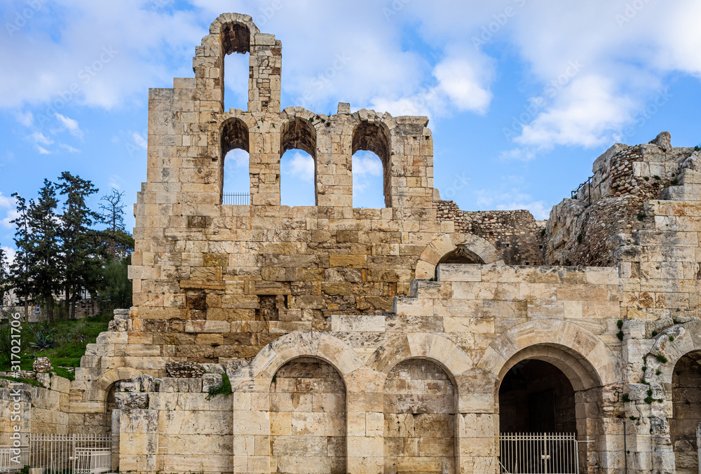 Part of Odeon of Herodes Atticus  in Athens, Greece. Also known as Herodeion or Herodion  is a stone Roman theater located on Acropolis hill slope.
