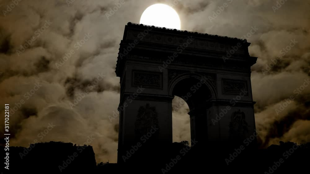 Paris: Arc de Triomphe (Triumphal Arch) by Night with Full Moon and Dark Silhouette of Monument, France