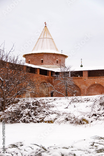 Zaraysk Kremlin walls and towers at winter day. Russia, Moscow region photo