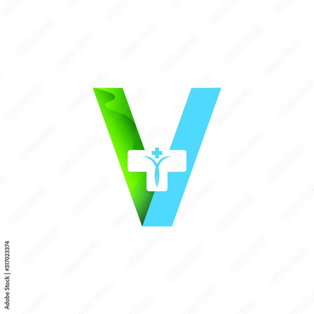health logo letter v, with a combination design of the letters v and plus into one logo / symbol that is unique and elegant.grading gradation green.isolated white.modern template. health logo letter v, with a combination design of the letters v and plus into one logo / symbol that is unique and elegant.grading gradation green.isolated white.modern template.