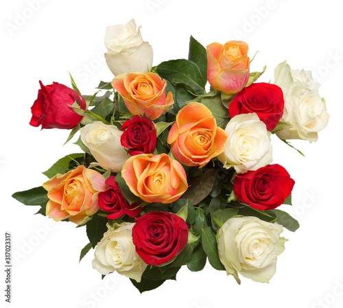 Bouquet of 17 beautiful roses isolated on white background.
