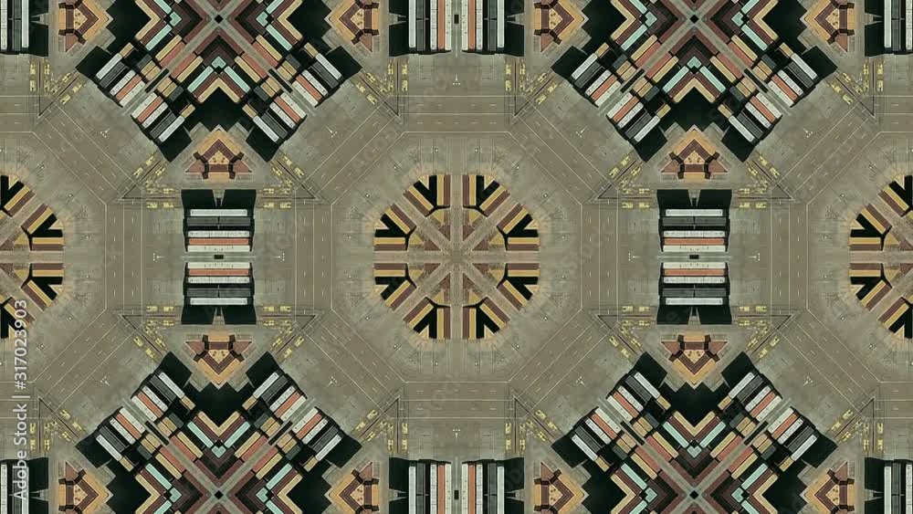 Arial top down shot of a container port terminal, kaleidoscopic effect Arial top down shot of a container port terminal, kaleidoscopic effect