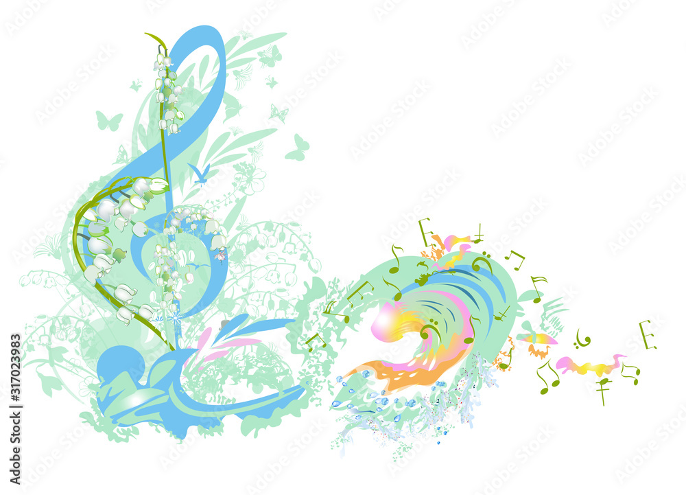 Abstract treble clef decorated with summer and spring flowers, notes. Hand drawn vector illustration.