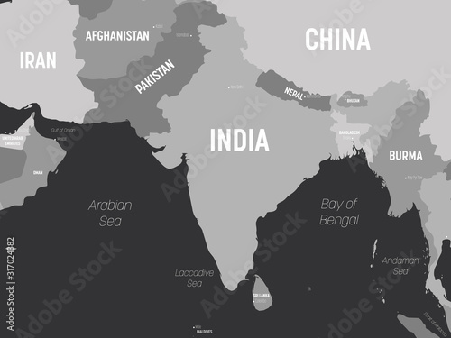 South Asia map - grey colored on dark background. High detailed political map of southern asian region and Indian subcontinent with country, capital, ocean and sea names labeling