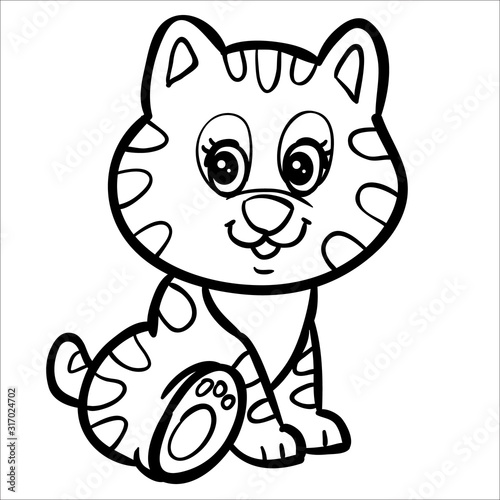 kitten character in a black outline with stripes on the body, isolated object on a white background,