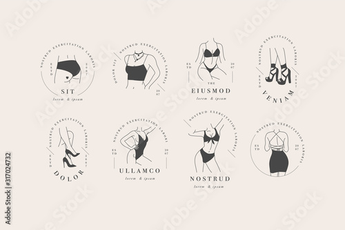Vector design linear template logos or emblems - graceful faceless lady. Female logos for lingerie or clothes.