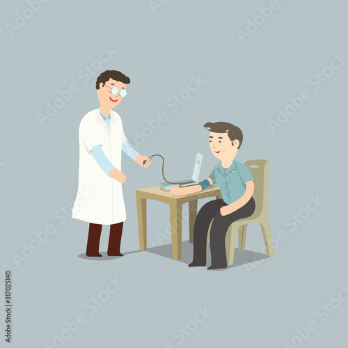 Elderly man sitting in hospital having blood pressure checkup by male doctor. Vector illustration for senior healthcare.