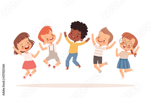 Happy children are jumping, laughing and having fun. Isolated on a white background.