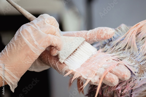 Hairdresser colorist dyes the hair of a woman to a client in different colors.