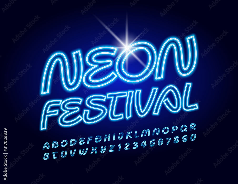 Naklejka premium Vector bright neon logo Neon Festival with glowing Alphabet Letters and Numbers. Blue illuminated Font.