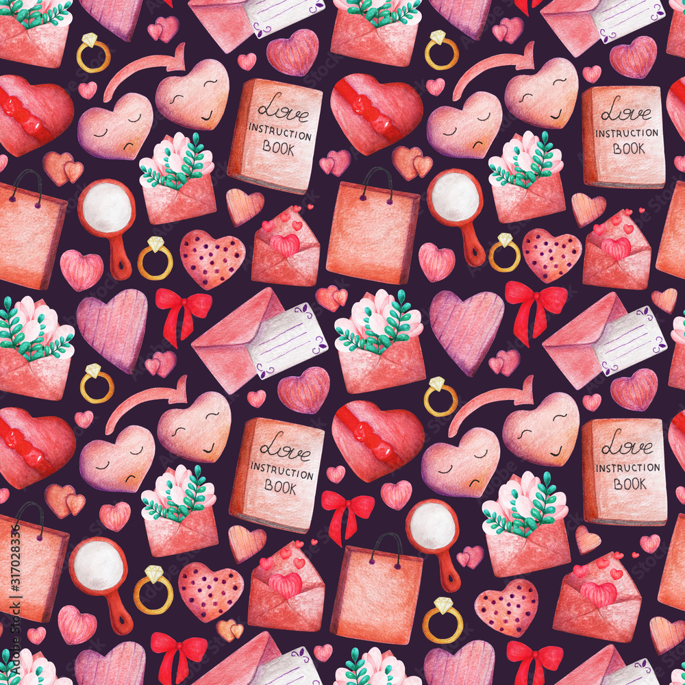 Hand drawn seamless pattern watercolor envelope, heart, flower, ring, bow, mirror. Romantic illustration for design Valentine's Day or Woman's Day greeting cards, invitation, wallpaper, wrapping paper Hand drawn seamless pattern watercolor envelope, heart, flower, ring, bow, mirror. Romantic illustration for design Valentine's Day or Woman's Day greeting cards, invitation, wallpaper, wrapping paper