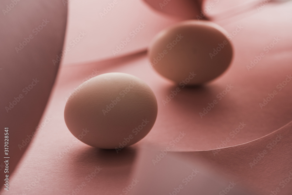 selective focus of chicken eggs in shadow in spiral paper pink swirls selective focus of chicken eggs in shadow in spiral paper pink swirls