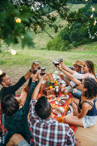 Group of friends making a toast during a barbecue in the countryside under a tree - Happy people having fun at a picnic on the hills in summer