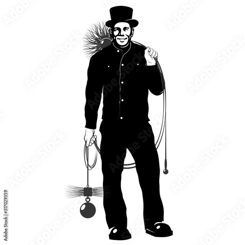 Chimney sweep in uniform and cylinder with a tool for cleaning the chimney