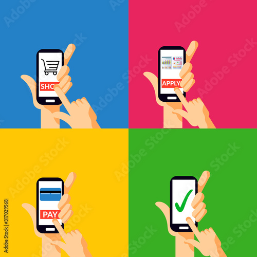 sets of hand holding mobile phone, tapping or touching on screen button to pay, apply, enrollment and done symbols sign. vector illustration.