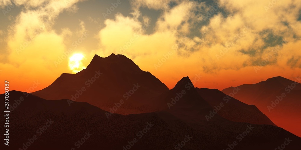 Silhouettes of mountains at sunset, mountains on a background of clouds of fire ,, 3D rendering
