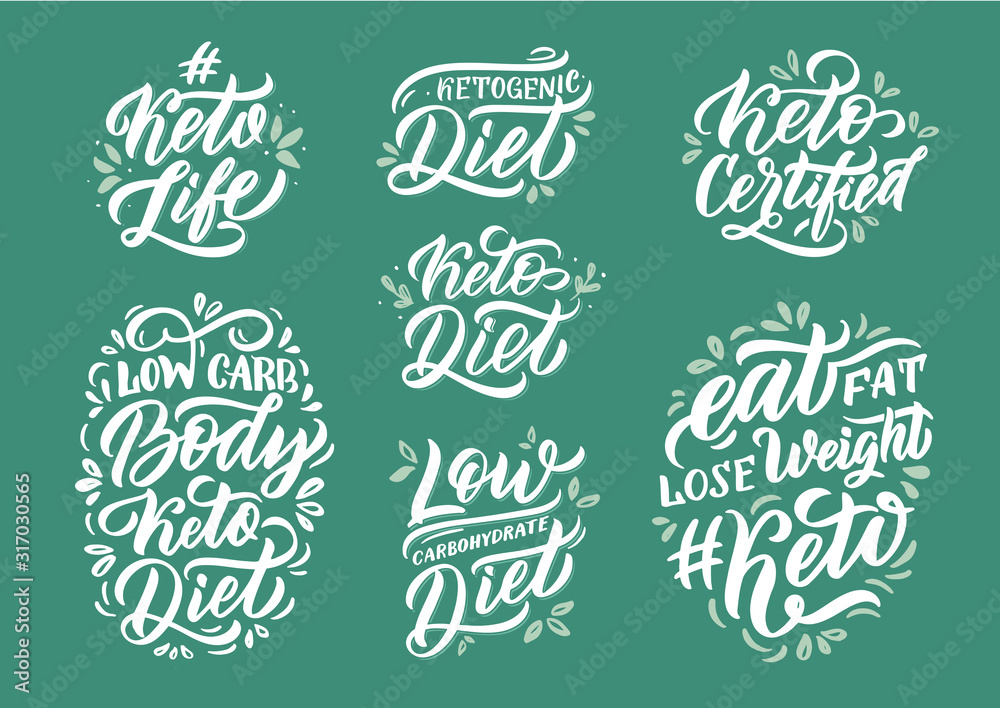 Fototapeta premium Hand drawn logo set. Phrases for ketogenic diet.