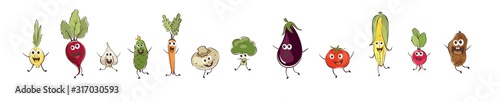 Funny cartoon vegetables. Set vector illustrations with different comic vegetables