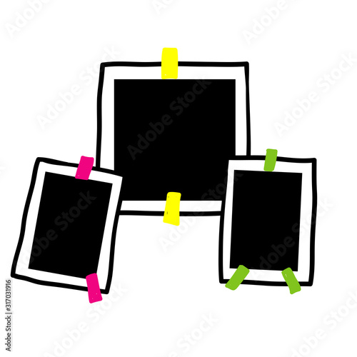 doodle Polaroid black blank photo set mockup glued with color adhesive tape . hand drawn empty template for collage with sticker on white borders and shadow.isolated
