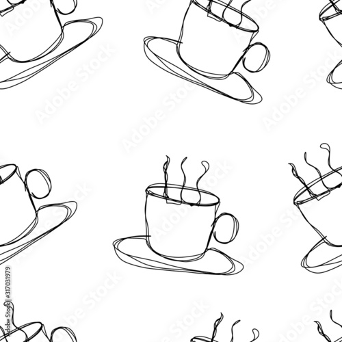 Abstract trendy seamless pattern with silhouettes of cups with hot drink in one line style. Mono line minimalistic style. Simple design illustration. 