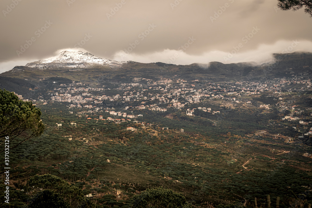 The mountains of Lebanon were once shaded by thick cedar forests and tree is the symbol of country. Beautiful landscape of mountainous town in winter, Eco tourism, Chouf district  with large vistas