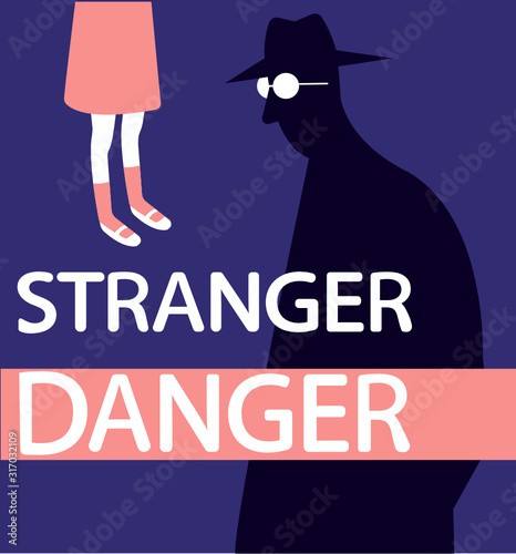 Simple flat vector illustration of male stranger and young girl. Stranger danger warning. Risk of child abuse and kidnapping by unknown people online and in the street