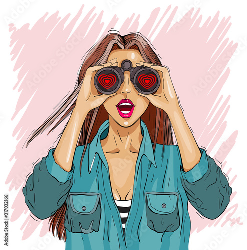 Surprised woman with binoculars with open mouth, surprised facial expression. Love partner search