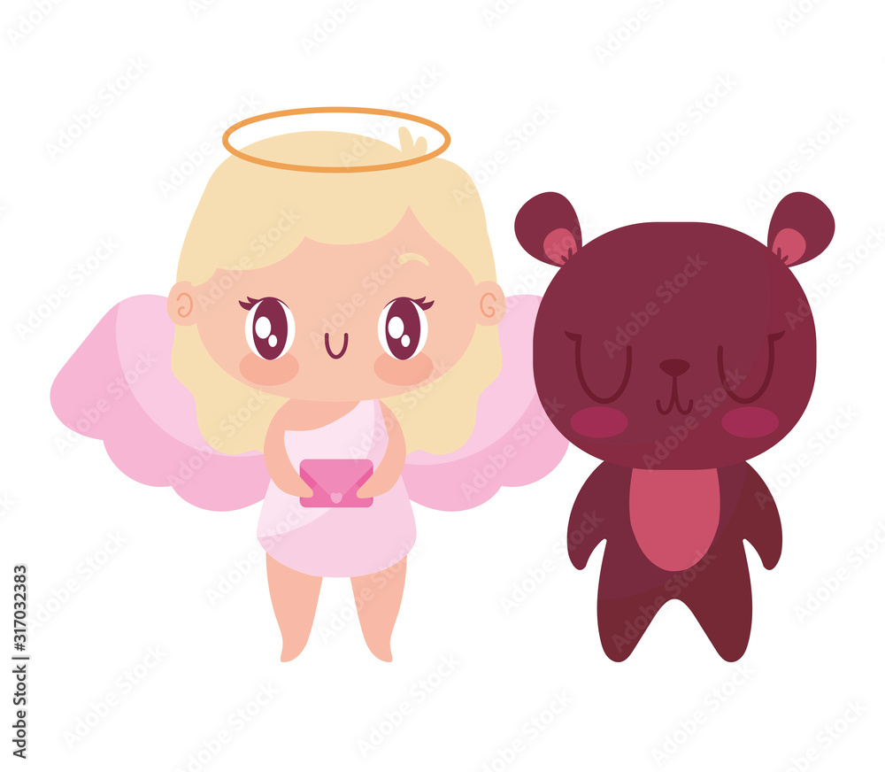 Isolated girl cupid and bear cartoon vector design