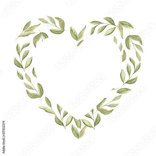 Watercolor illustration of a heart made from green swamp branches with leaves on a white background with space for text.copy space. For cards, design, greetings, flyers.