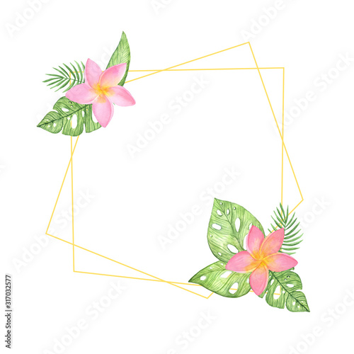 illustration watercolor gold geometric frame with a composition of tropical leaves and pink exotic flowers on a white background. for the holiday of Valentine's Day. for design, cards, invitations