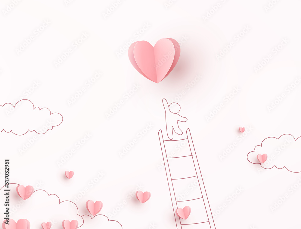 Pink heart with man on sky background. Vector love postcard for Happy Mother's, Valentine's Day or birthday greeting card design..