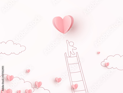 Pink heart with man on sky background. Vector love postcard for Happy Mother's, Valentine's Day or birthday greeting card design..