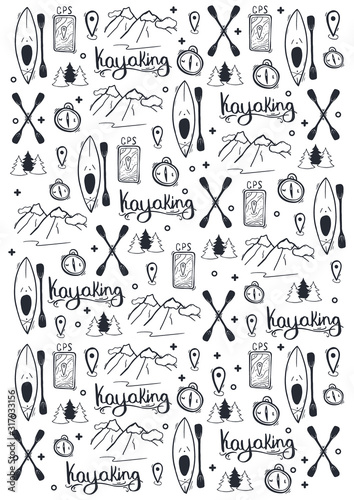 Kayaking or rafting hand draw doodle background.
