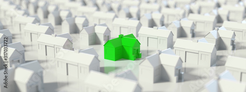 Green and white house, Hunting, searching and choosing new house minimal concept. Panoramic banner, 3D Rendering