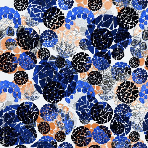 Creative seamless pattern with hand drawn circles with spots and triangles. G...