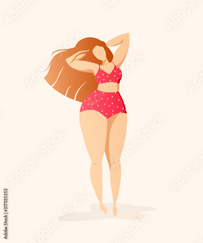 Girl with beautiful hair in red bikini with polka dots . Body positive illustration . Female character. Happy woman positive concept. Plus size body