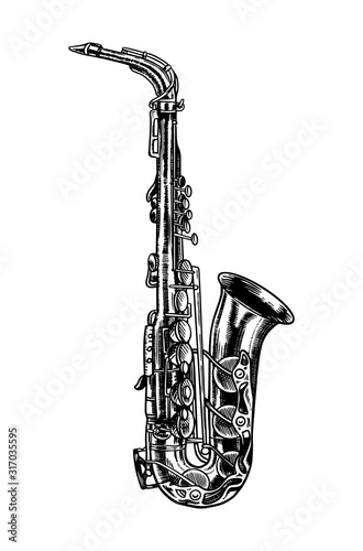 Jazz saxophone in monochrome engraved vintage style. Hand drawn trumpet sketch for blues and ragtime festival poster. Musical classical wind instrument. 